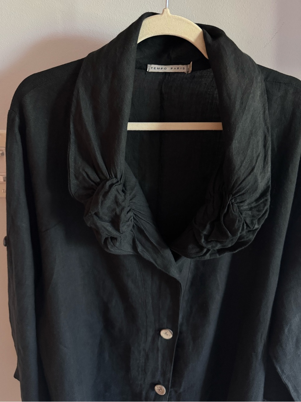 Tempo Paris Italian Linen Black Long Ruffle Asymmetrical Trim Cardigan Jacket L - Picture 4 of 12